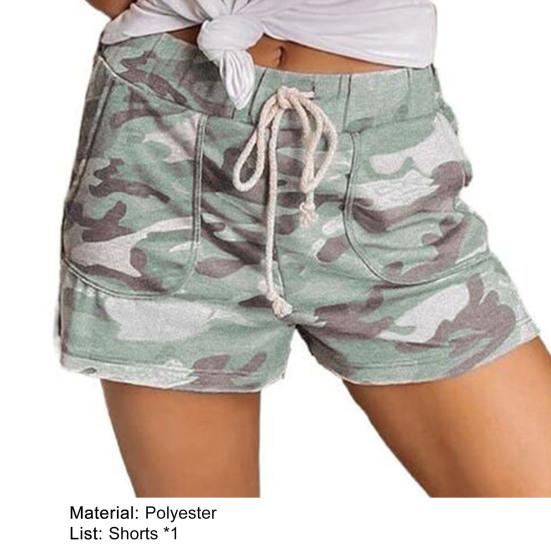 Elastic Waistband Pockets Female Shorts Straight Camouflage Print Drawstring Loose Shorts Streetwear