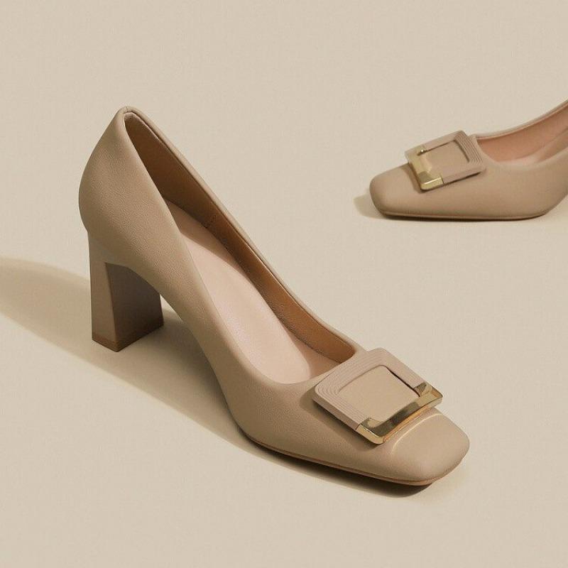 Ladies Shoes 2024 Fashion Slip on Women Pumps Spring Autumn Square Toe Solid Dress Chunky Heels Shallow Shoes Zapatos De Mujer