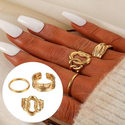 3 Pcs/Set Women Ring Set Different Shape Irregular Hollow Out Polished Smooth Open Adjustable Stainless