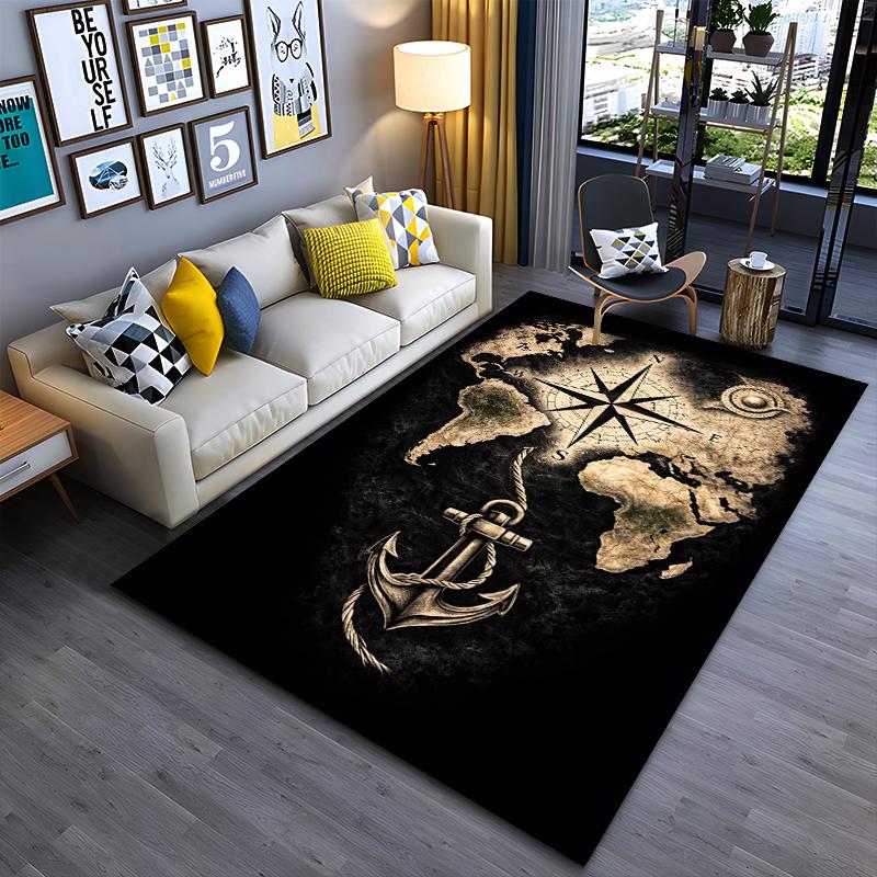 Nautical Art Area Rug, Vintage World Map Compass Anchor Rope Dark Sepia Print, Coastal Study Office Decor, Non-Slip Mat