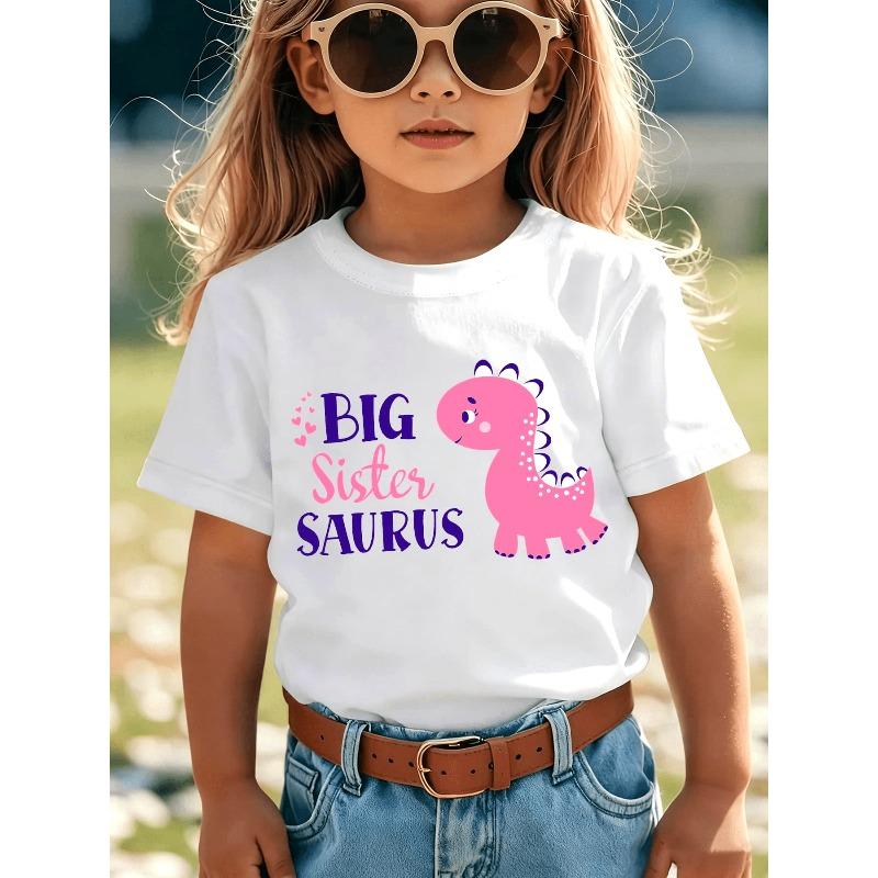 European Size Girls Round-neck Short-sleeved T-shirt with Cartoon Pink Little Dinosaur Pattern Print