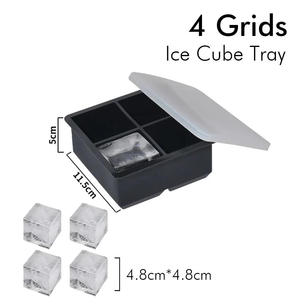 Ice Cube Tray with Lid Food Grade Silicone Large Ice Cube Mold 4/6/8 Grids Ice Ball Maker Ice Cube Tray for Kitchen Iced Coffee