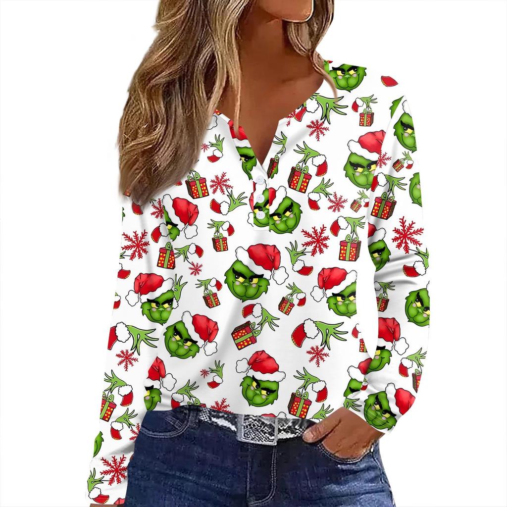 Damen T-Shirt mit Weihnachtsdruck, Knopfleiste, lange Ärmel, für den Alltag, Wochenende, modisch, Basic, V-Ausschnitt, normales Oberteil