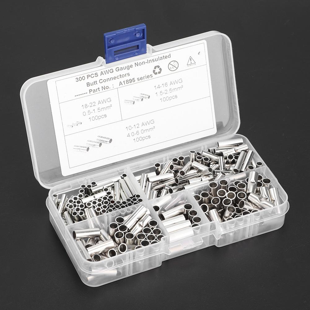 300Pcs Non Insulated Copper Butt Splice Wire Connector Tinned Crimp Terminal Kit for Boat Auto