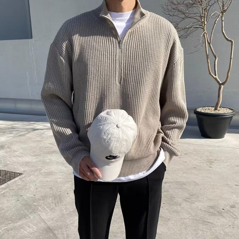 Men's Retro Loose-Fit Half-High Collar Zipper Knit Sweater with Drop Shoulders and Long Sleeves