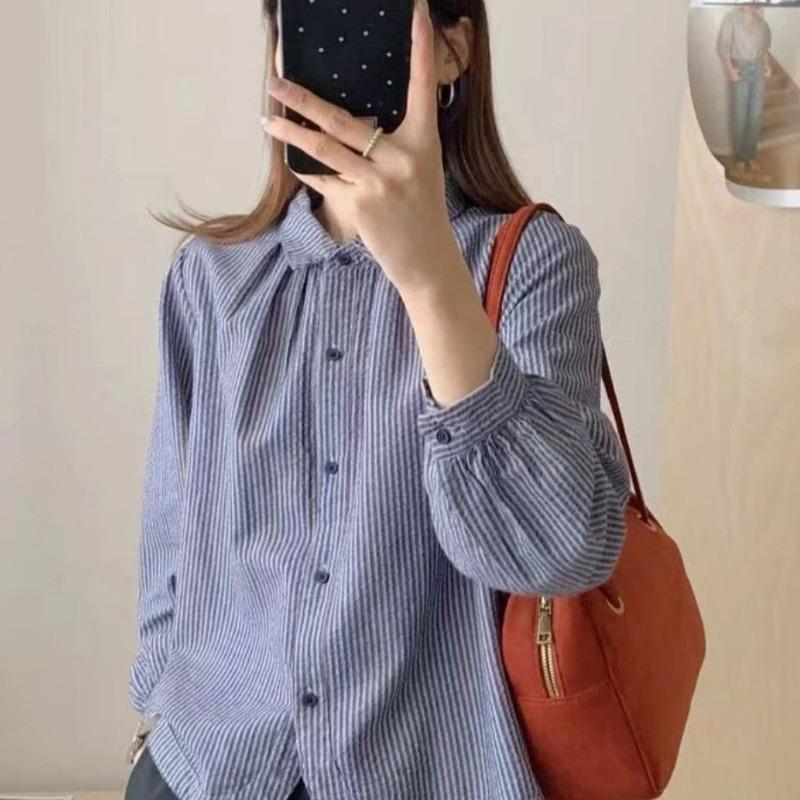 Women Blue And White Striped Gathered Neck Puff Long Sleeve Button Down Shirt M синий