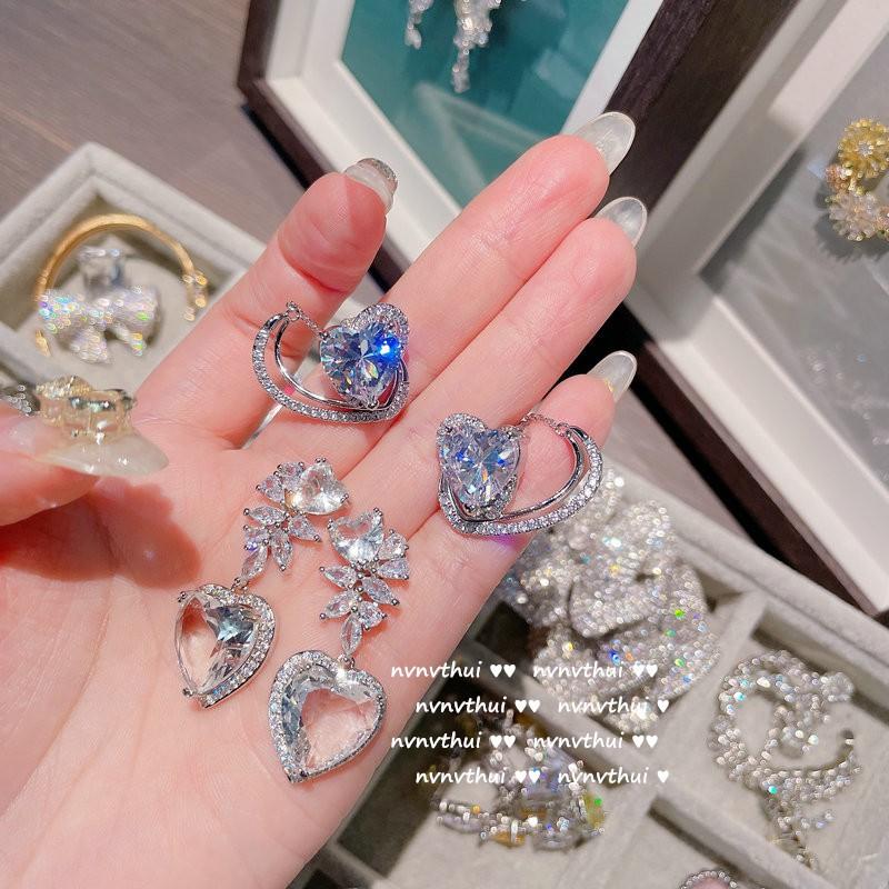 Vintage Floral Heart Earrings With Multifaceted Sea Blue Zircon Drops Copper Post Womens Jewelry