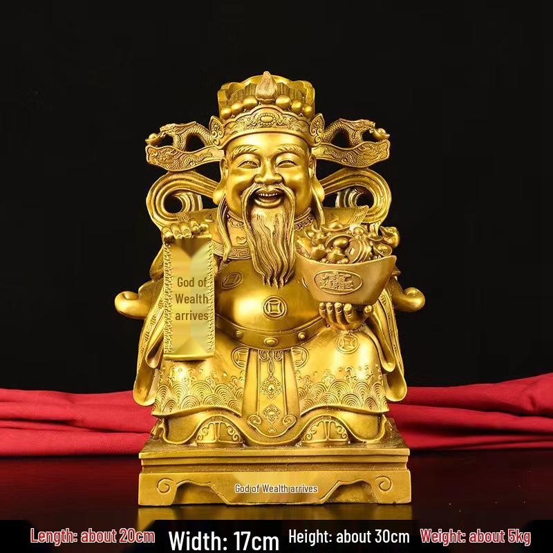 Large Yellow Brass God of Wealth Statue on Dragon Chair, Wen Cai Shen Design, Ideal for Shop Opening or Home Worship.