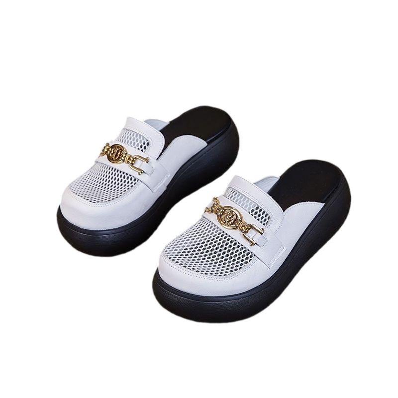 2024 summer new real soft leather bag head slippers women wear versatile thick-bottomed sandals small mesh half slippers women