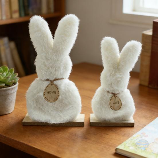 2 st Pälsklädda Kaninfigurer Påsk Plysch Vita Kaniner på Träbas för Vårfest Hemma Kontor Bordsskiva Dekoration