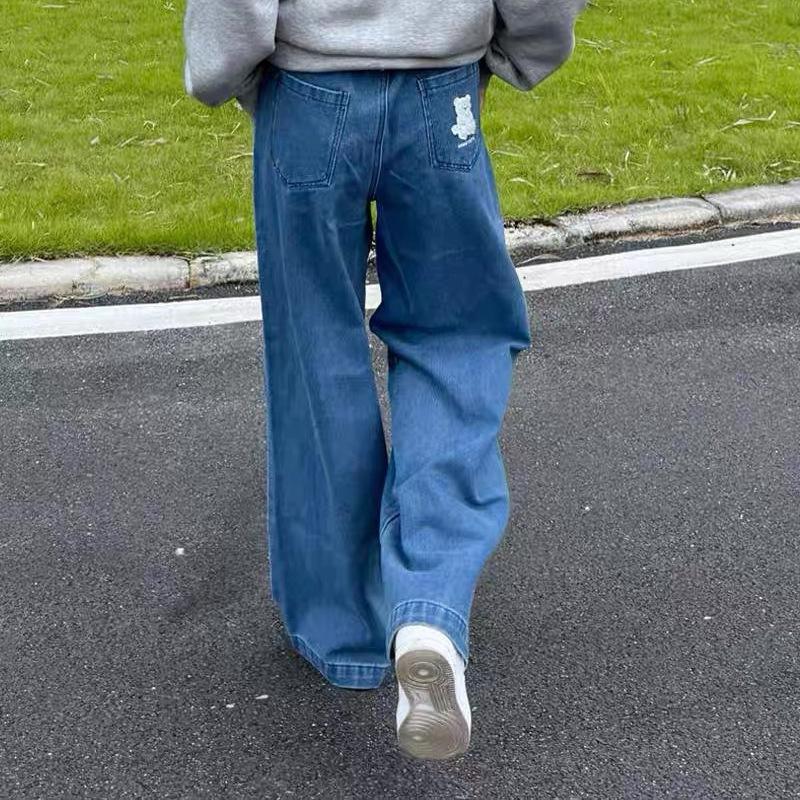 Vintage Bear Patch Embroidered Wide-leg Jeans for Women In Autumn and Winter New Style Loose Slim Straight Floor Trousers
