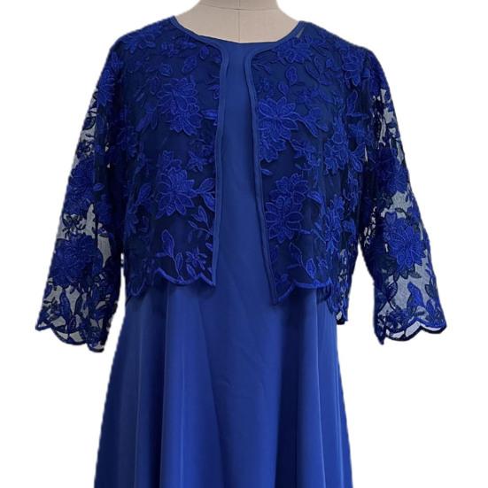 2Pcs/Set Women Plus Size Party Outfit O-neck Short Sleeve Loose Hem Midi Dress Hollow Out Embroidery Lace Floral Coat Set