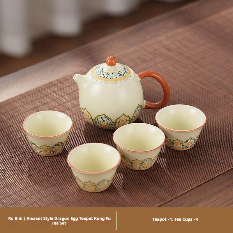 Beige Ru Kiln Teapot Ancient Charm 2026 New Chinese Tea Set Gaiwan Tea Trueen Household High Grade Ceramic Travel Tea Cup Bowl