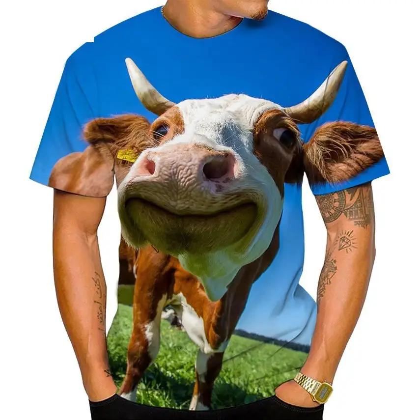 Summer Round Neck 3D Cow Pattern Print Top Fashionable Casual Short Sleeved Men's T-shirts