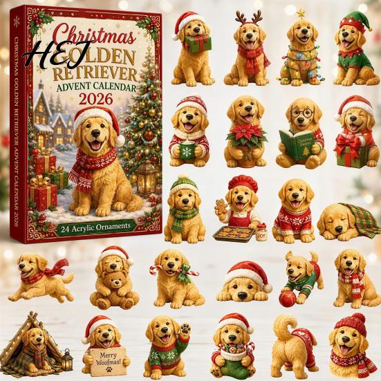 Dog Countdown Box Advent Calendar, 24-Day Christmas Acrylic Ornament Set with Calendar for Kids Mini Figures, Tree Hanging Decor, Gift Lovers