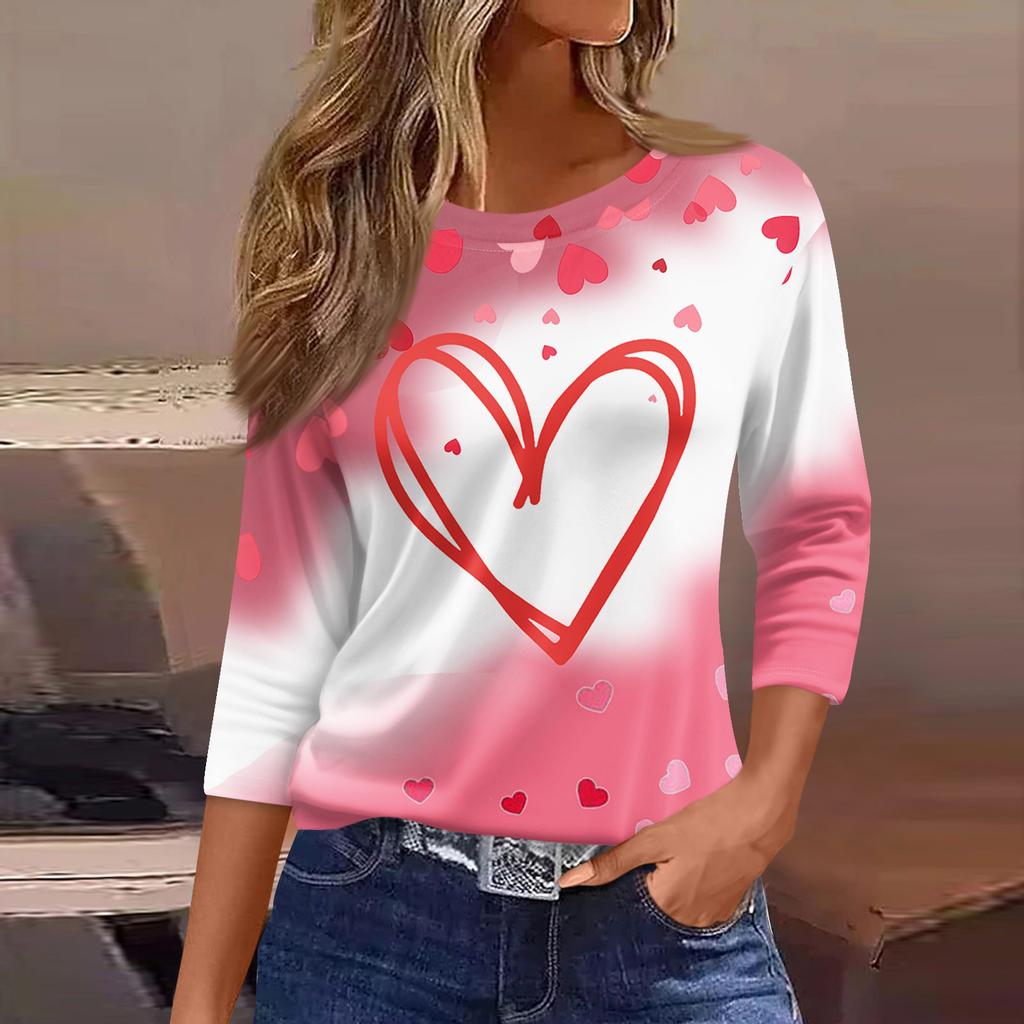 Women's Fashion Casual Round Neck 3/4 Sleeve Loose  Printed T-Shirt Ladies Top