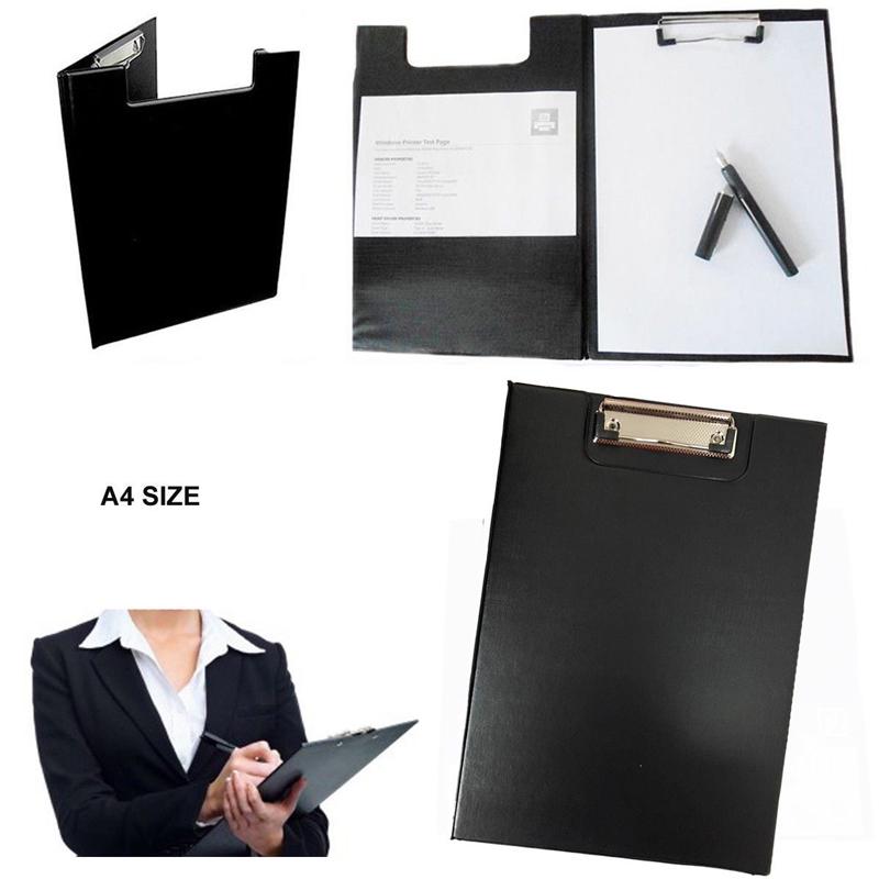 BLACK A4 CLIPBOARD SOLID CLIP BOARD with Pen Holder /& Clear Pocket Foolscap NEW