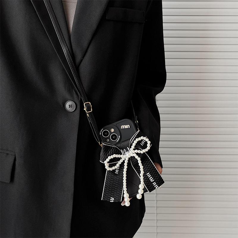 Pearl Bow Zero Wallet Card Case for IPhone 16 Promax Crossbody Strap for Apple 17 Anti Drop