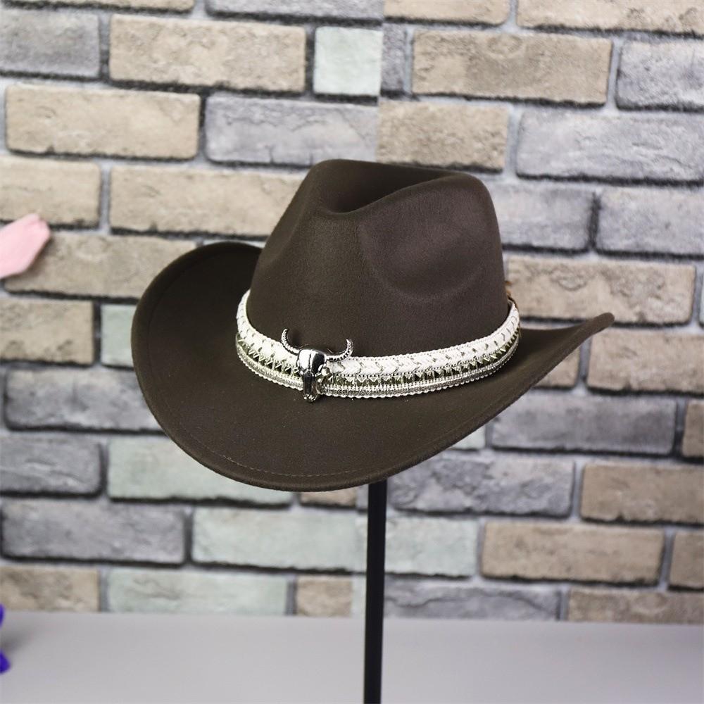 

Wide Brim Western Cowboy Cap Woolen Breathable Sun Protection Knight Hat Ethnic Style Alloy Bull Head Cowgirls Visor Cap Women кофейный