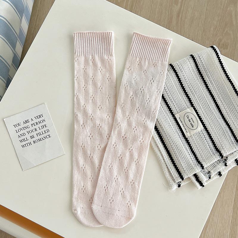 Female Spring and Summer Thin Pure Color Ballet Style Hollow Mesh Breathable Tube Socks