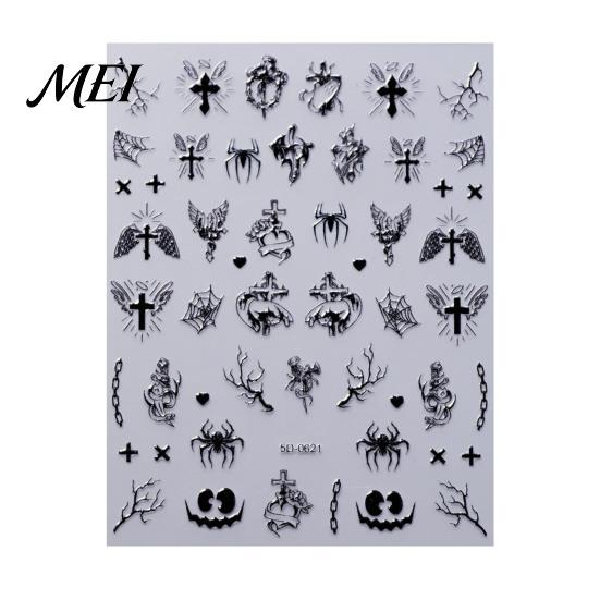 Nail Decor Sticker Halloween 3D Embossed Stickers, Skeleton Hand Pumpkin Spider Bat Art Decals, Gothic Manicure Decoration Decals for Holiday