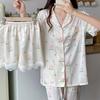 Sweet Princess Wind Bear Print Can Be Worn Outside Short-Sleeved Pajamas Loungewear Three-Piece Set