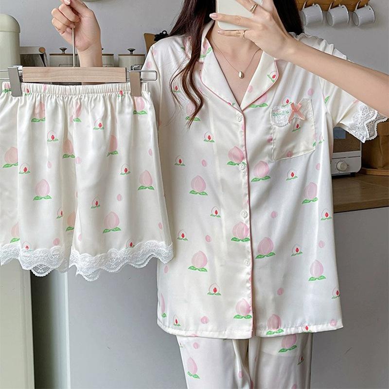 Sweet Princess Wind Bear Print Can Be Worn Outside Short-Sleeved Pajamas Loungewear Three-Piece Set