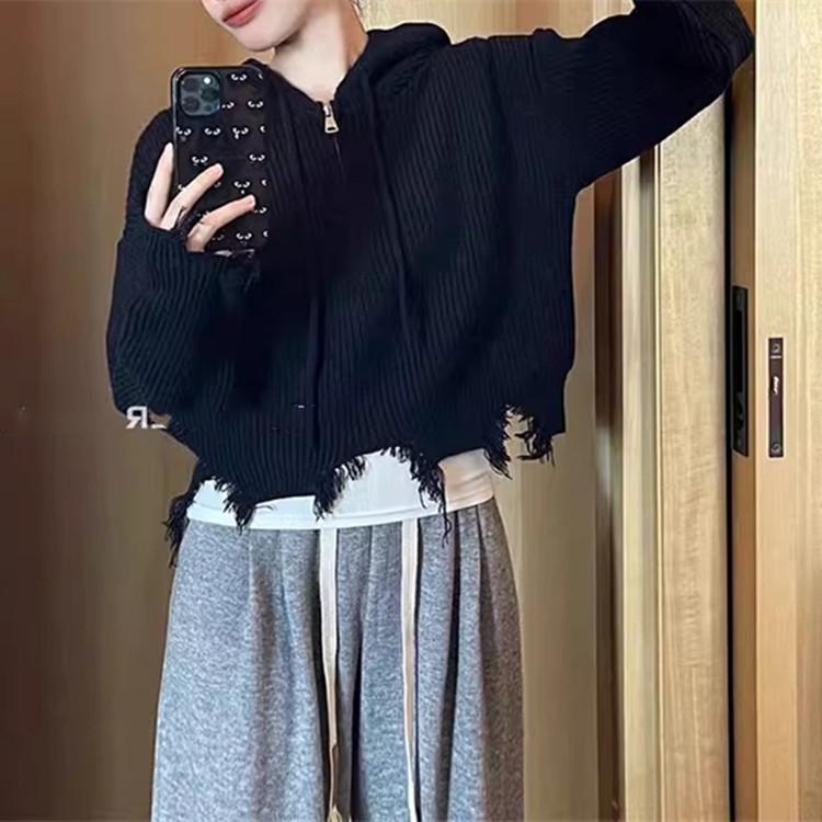 2025 Women's Korean Style Loose Tassel Sweater with Hooded Zipper and Torn Edge Design for Autumn Winter