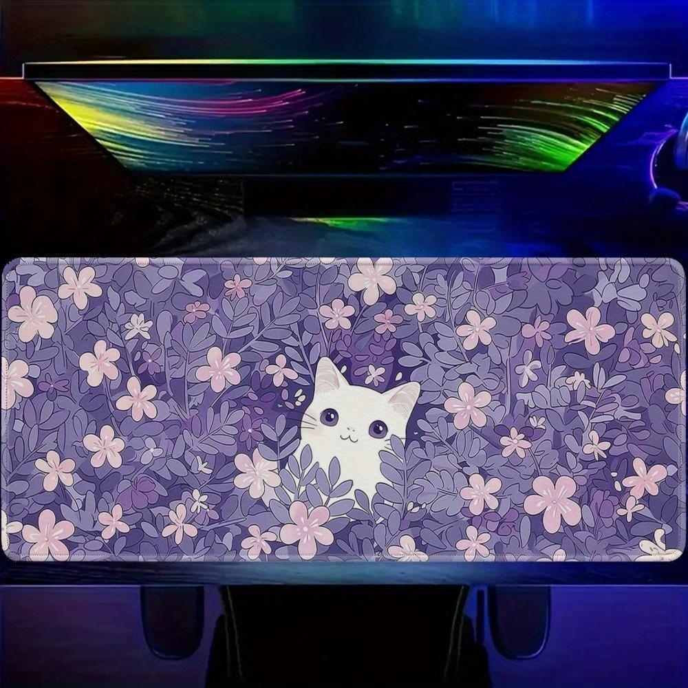 Kawaii white cat and purple floral pattern Mouse Pad Desk Mat Gaming mats NonSlip Stitched Edge desk accessories tapis souris