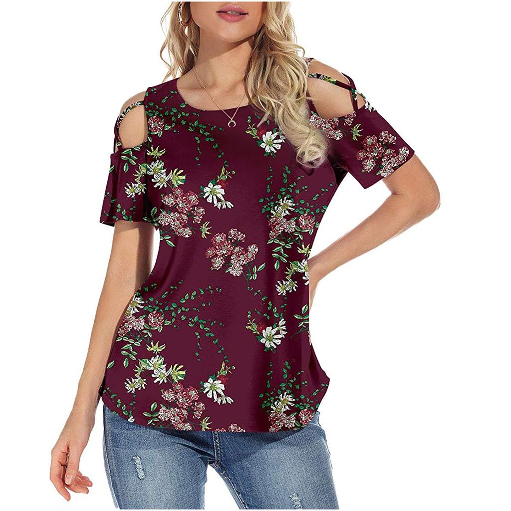 Women's Summer Printing Short Sleeve Strappy Cold Shoulder T-Shirt Tops Blouses