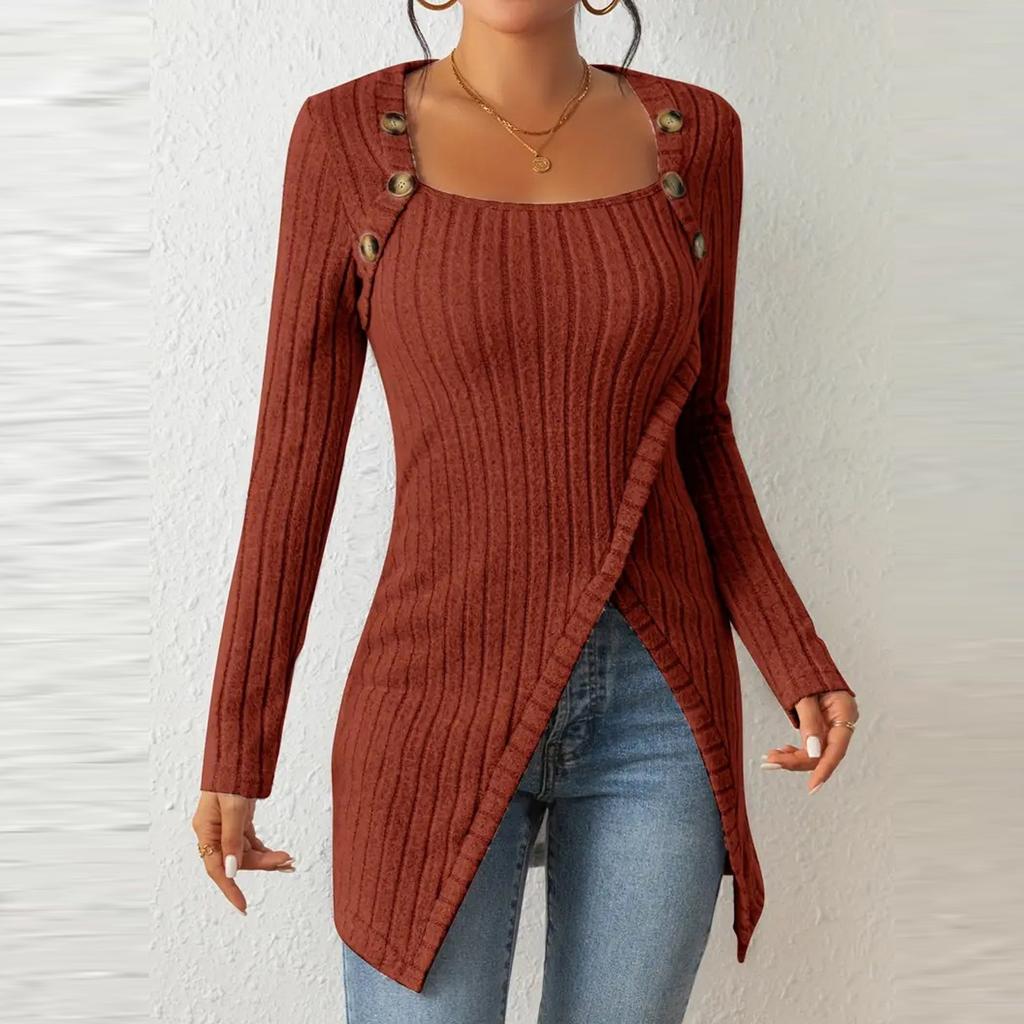 Women's Fashion Casual Long Sleeve Solid Colour Square Neck T-Shirt Button Decoration Irregular Hem Top
