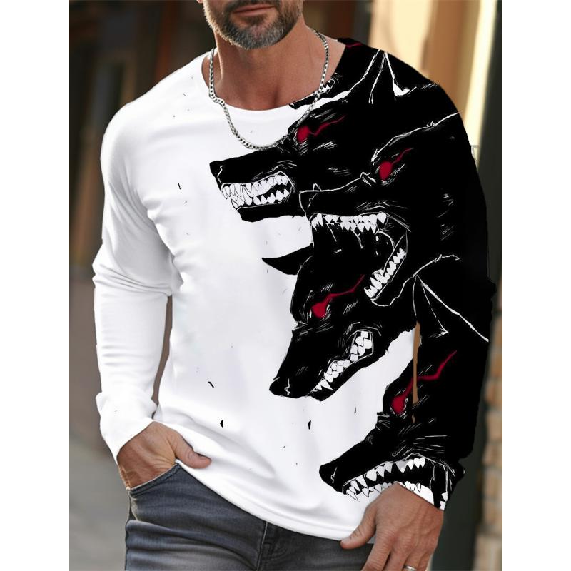 2024 Neues Langarm-T-Shirt für Herren mit 3D-Druck und hochauflösendem Wolf-Tierdruck für Herren im Herbst, lässiges T-Shirt mit Rundhalsausschnitt