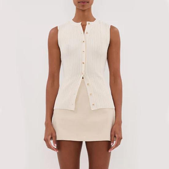 Summer Vest V-Neck Sleeveless Single-Breasted Design Tank Tops with Wrinkled Decoration Regular Fit Tops