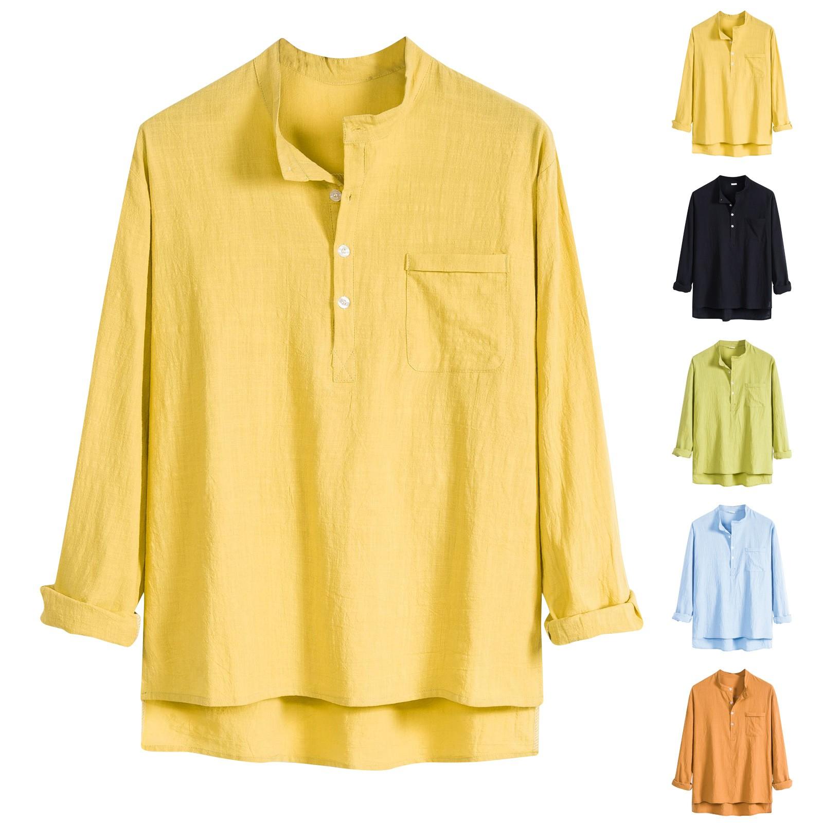 

Мужские осенние однотонные мужские рубашки из хлопка и льна с воротником-стойкой и длинными рукавами, мужские топы