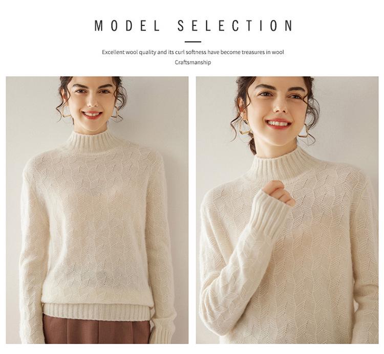Twisted Flower Half-High Collar Cashmere Knit Sweater - Women's Solid Color, Long-Sleeve, Versatile Pullover, Comfortable Base Layer.