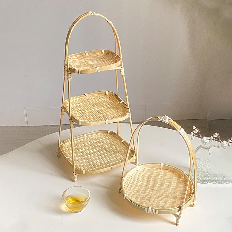 Multi-Function Bamboo Woven Basket 1/2/3 Layers Fruit Vegetable Storage Basket Durable Handwoven Standing Tray For Kitchen