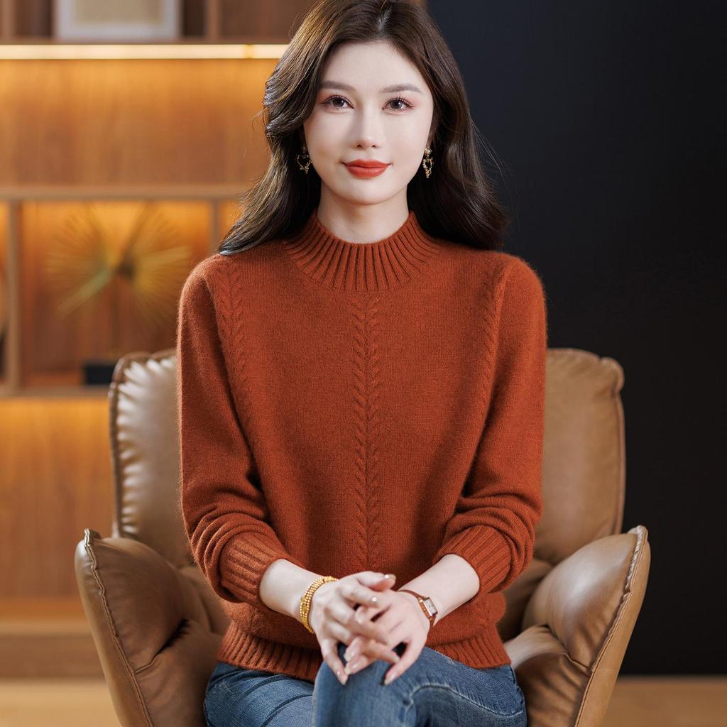 Maternity 100% Pure Wool Autumn/Winter Sweater for Women, Half-High Neck, Thickened Plain Color Base Layer for Middle-Aged & Elderly.