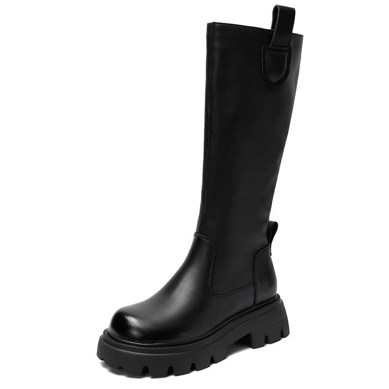 High boots thick-soled leather women's boots round head middle heel knight boots winter boots fashionable casual pure leather