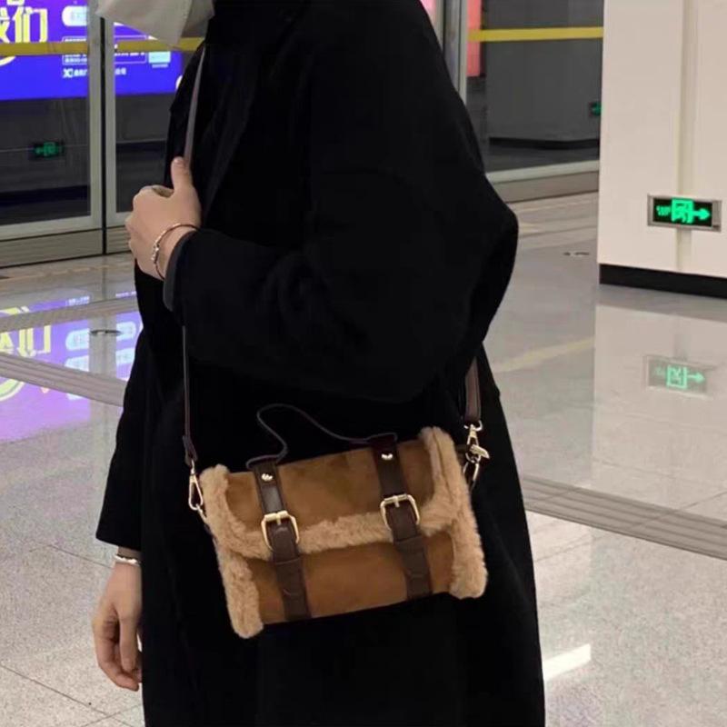 Autumn And Winter Lamb Wool Small Square Bag Large Capacity Portable Cambridge Pillow Bag Shoulder Messenger Bag Lamb Wool Small Square Bag