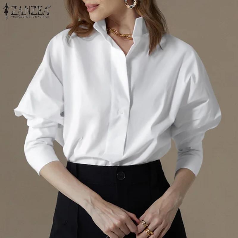 

ZANZEA Женская повседневная блузка на пуговицах с круглым вырезом и длинными рукавами
