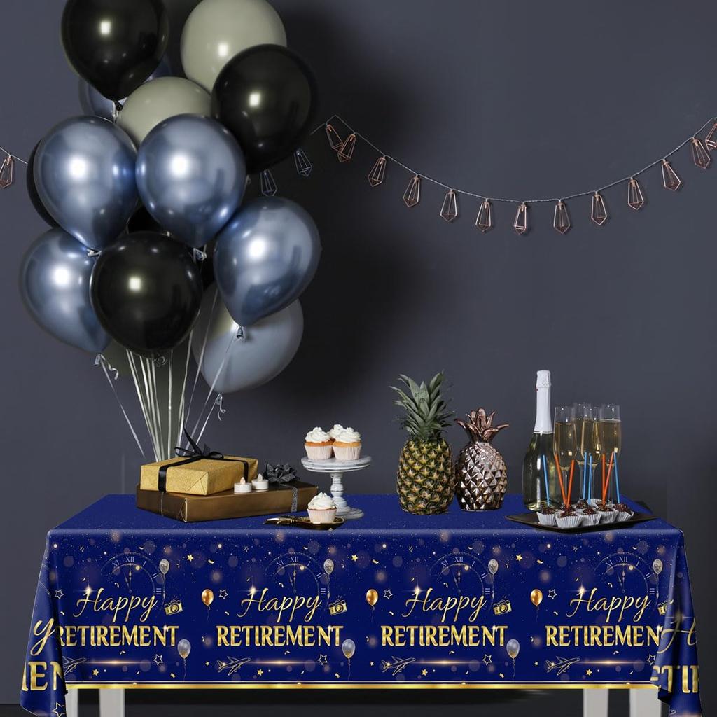 GREHUMOR Happy Retirement Tablecloth 3Pcs-Retirement Party Decorations Blue Gold Tablecloth for Women Men Plastic Rectangle Disposable Table Cover