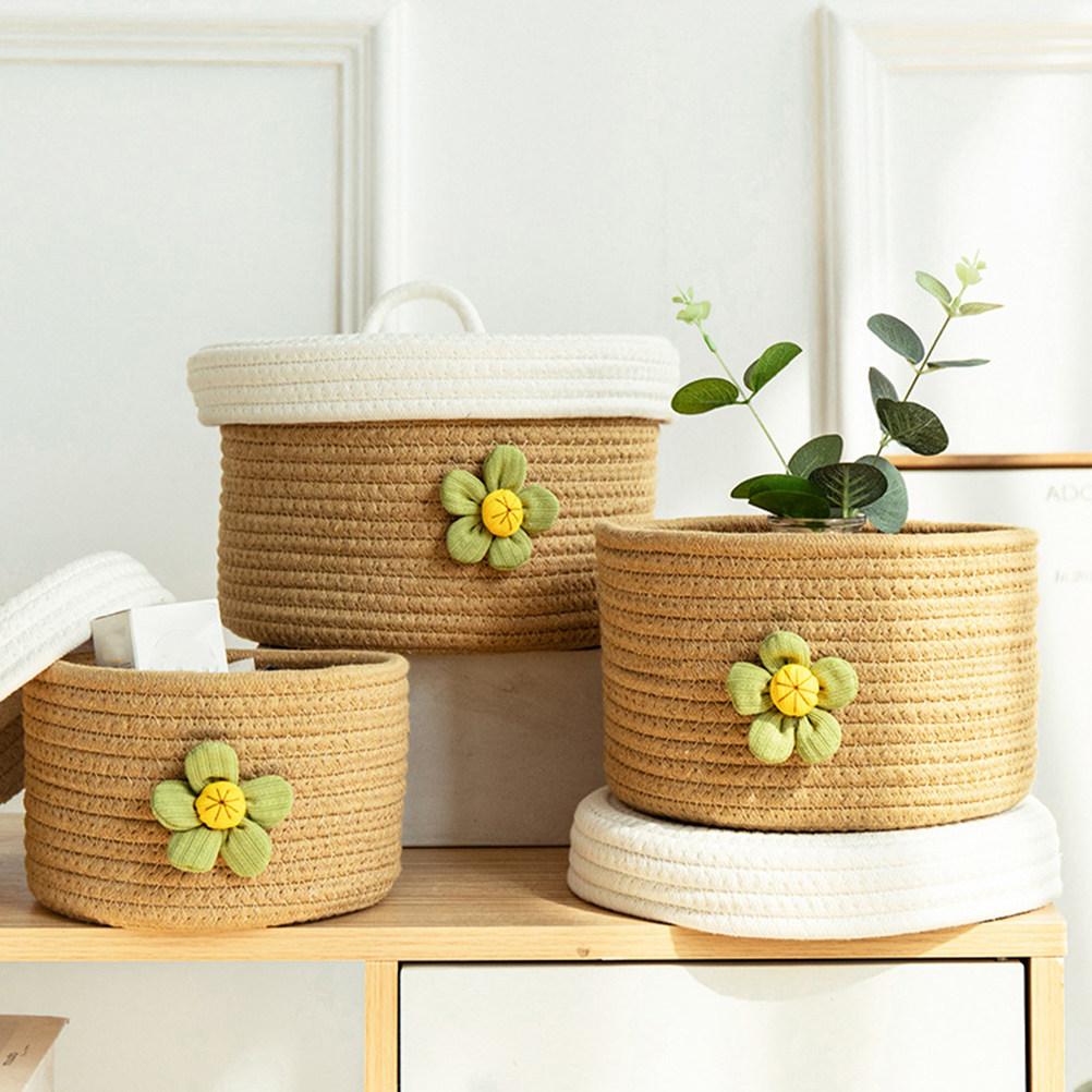 Lidded Woven Cotton Rope Basket Large Capacity Multipurpose Storage Container for Closet Desktop Bedroom Office Sundries