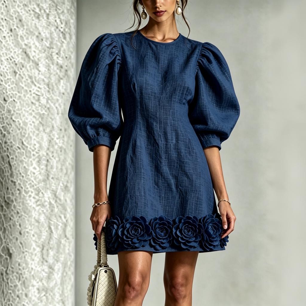 Women's Puff Sleeve Color Dress with 3D Floral Embellishment