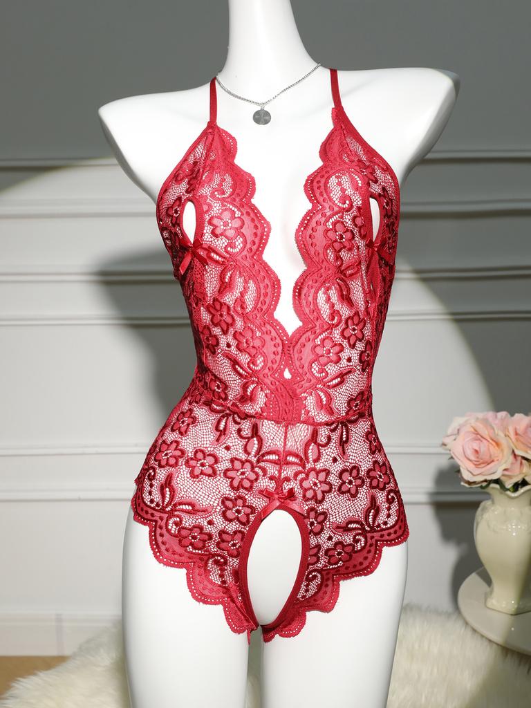 Women's Hollow Combination Bodysuit Slim Tights Erotic Costumes Lace Patchwork Open Bra Sexy Lingerie Floral Pajama Transparent