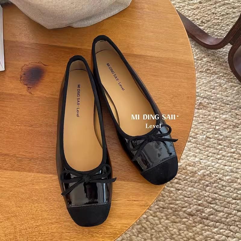 2025 Spring and Summer Single Shoes Women's Small Fragrant Style Bow Splicing Inner Height Increase Evening Breeze Commuting Soft-soled Ballet Shoes