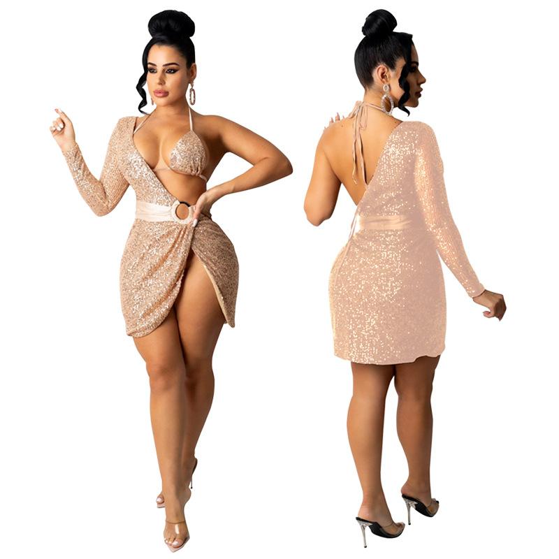 Dress Summer Women's Sequin Halter Dress Night Club Including Underwear Long Sleeve Dress Two-piece Set