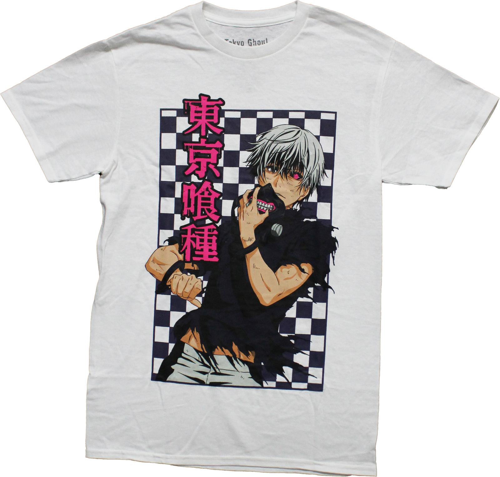 Tokyo Ghoul New Adult T-Shirt - Ken Kaneki Checkerboard Kanji Pose S