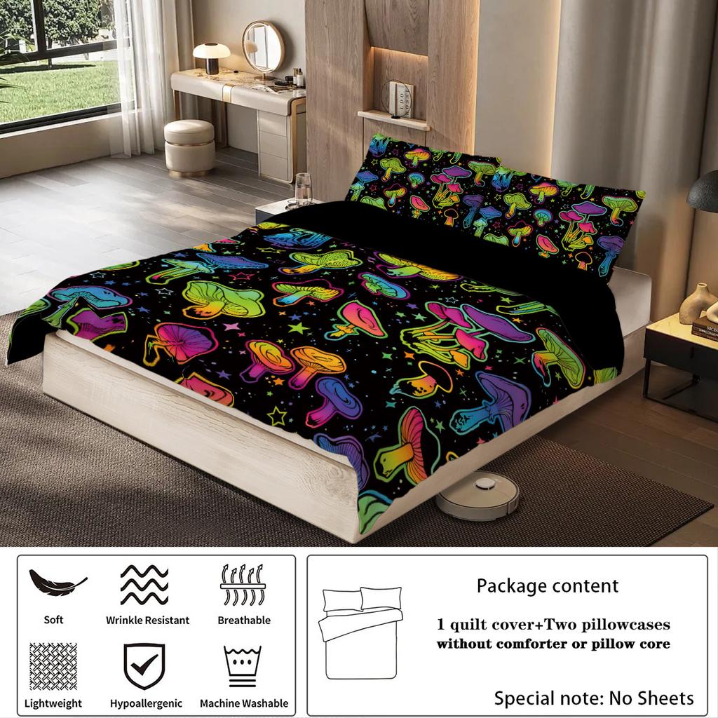 3-piece Down Duvet Cover with Gradient Mushroom Print (1 Down Duvet Cover+2 Pillowcases No Core) Halloween Themed Bedding Set
