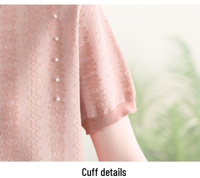 Schickes Sommer-Eis-Seiden-Qipao-Kragen Kurzarm Zweiteiler für mittelalte und ältere Frauen - Strick-T-Shirt-Oberteil in Übergröße