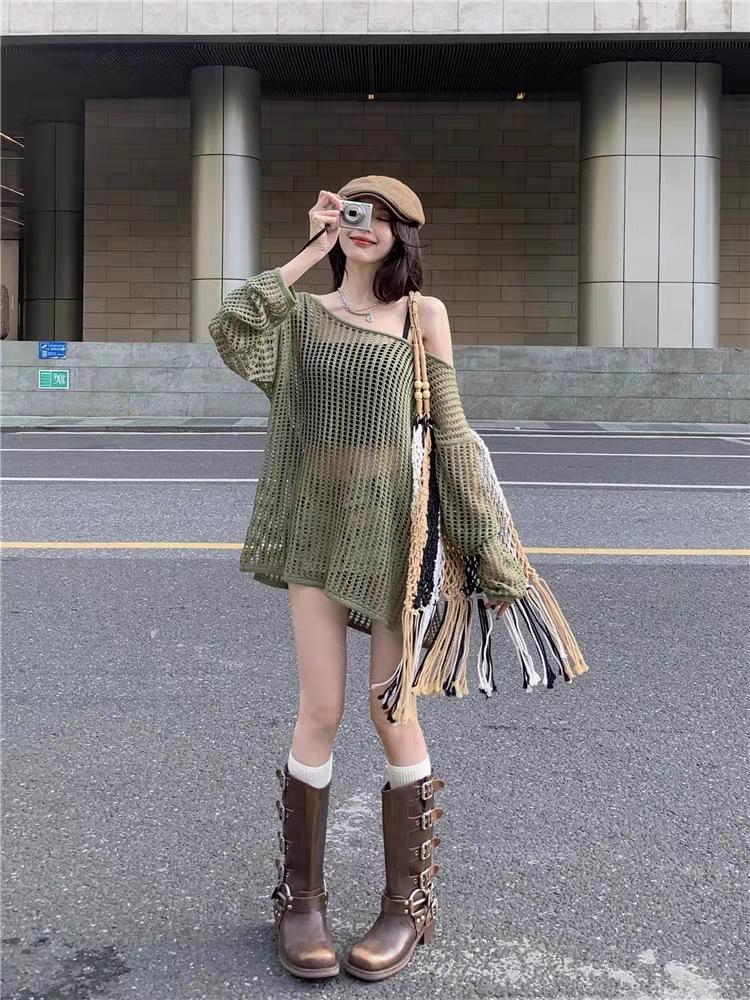 2025 Spring Summer Women's Mesh Cardigan: Lightweight, Loose, Off-the-Shoulder Knitwear with Long Sleeves